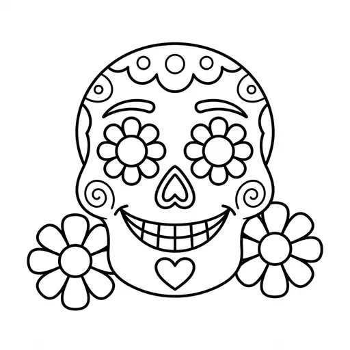 Easy Sugar Skull Coloring Page — Smiling With Flower Eyes