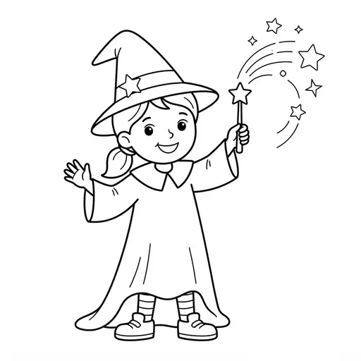 Easy Witch Coloring Page — Waving a Magic Wand