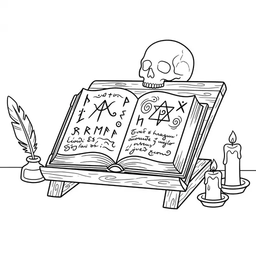 Spell Book Coloring Page for Adults — Open on a Wooden Stand