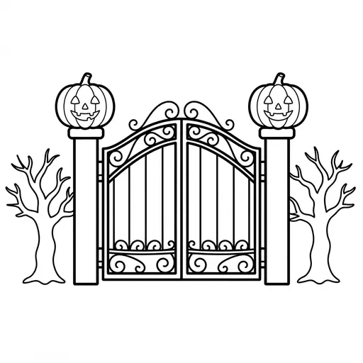 Haunted House Coloring Page — Ornate Gate With Pumpkins
