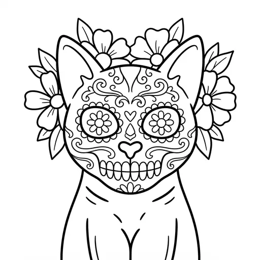 Sugar Skull Coloring Page for Adults — Cat With Flower Crown