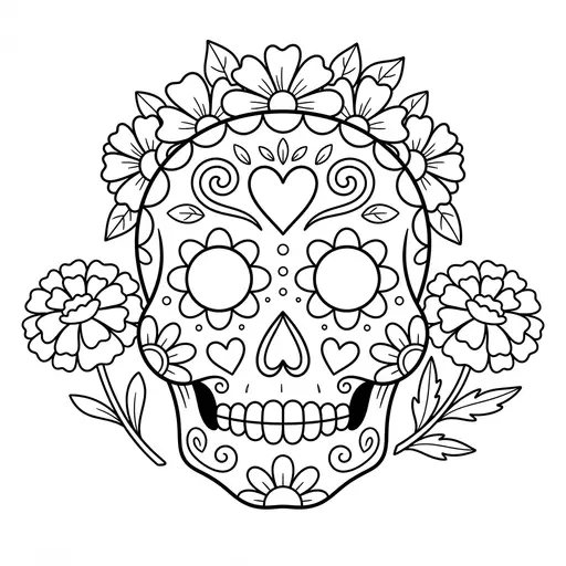 Sugar Skull Coloring Page — Decorated With Hearts and Swirls
