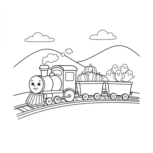 Train Coloring Page — Carrying Pumpkins and Ghosts