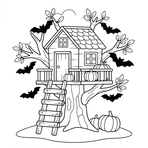 Treehouse Coloring Page — Decorated With Pumpkins And Bats
