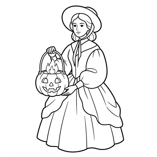 Woman Coloring Page for Adults — Holding a Pumpkin Lantern