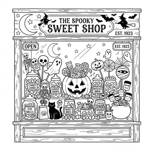 Candy Shop Coloring Page for Adults — Window Filled With Sweets