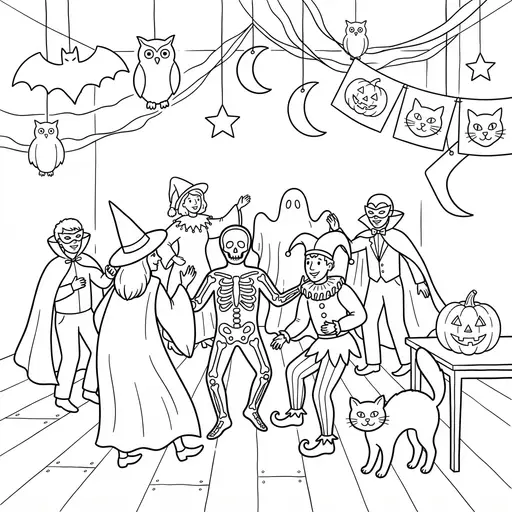Party Coloring Page for Adults — Costumed Guests Dancing