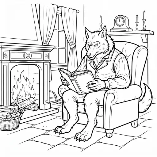 Werewolf Coloring Page for Adults — Reading by a Fireplace