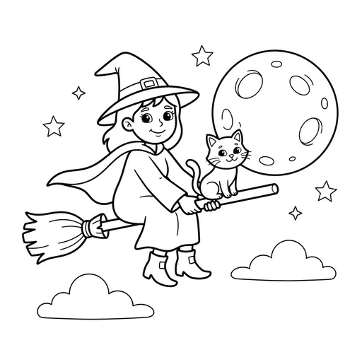 Witch Coloring Page — Riding on a Broom With a Cat