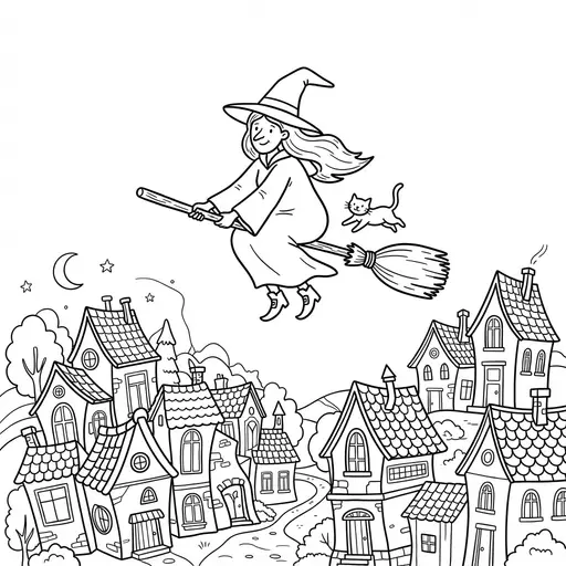 Witch Coloring Page for Adults — Flying Over a Crooked Village