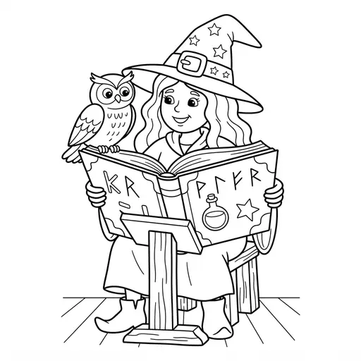 Witch Coloring Page — Reading a Giant Spell Book