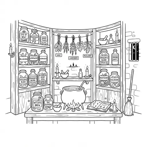 Apothecary Coloring Page for Adults — Shelves of Jars and Herbs