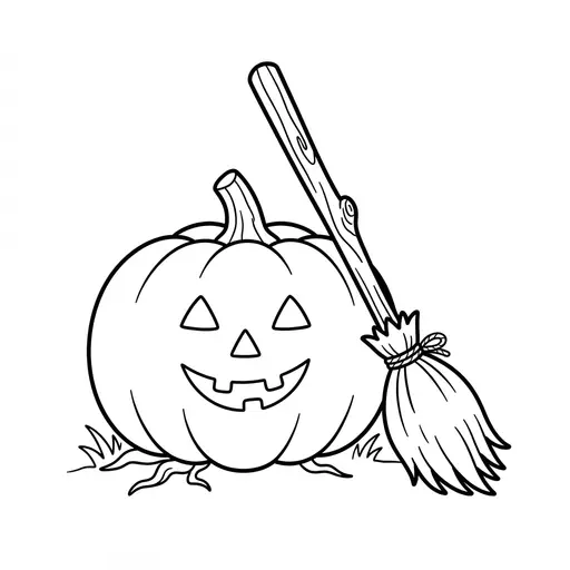 Easy Jack-O-Lantern Coloring Page — With a Broomstick and Pumpkin