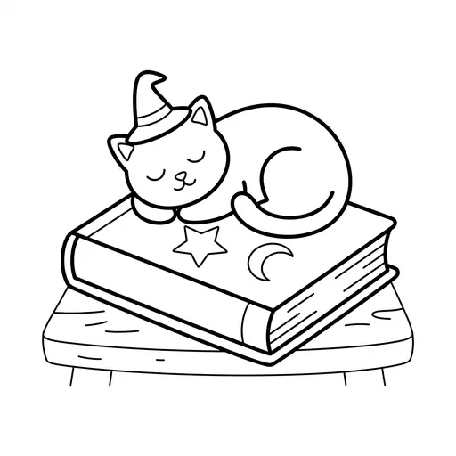 Easy Black Cat Coloring Page — Sleeping on a Spell Book