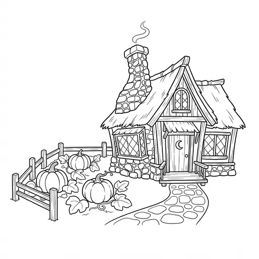 Witch Cottage Coloring Page — Crooked Chimney and Pumpkin Garden