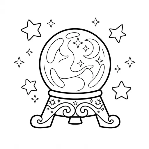 Crystal Ball Coloring Page — Ornate Stand with Stars Around It