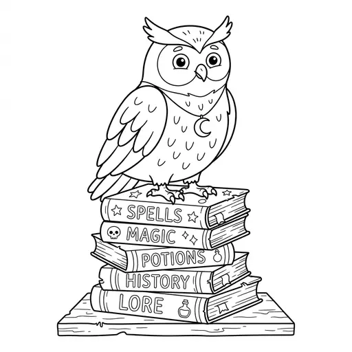Owl Coloring Page for Adults — Perched on a Stack of Old Books