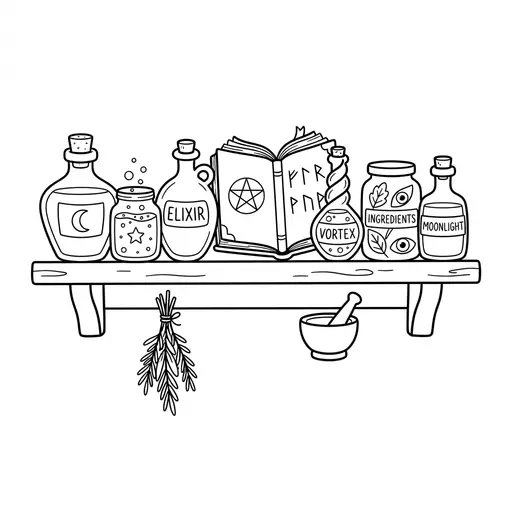 Potion Bottle Coloring Page — Shelf with Jars and a Spell Book