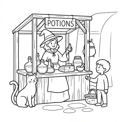Witch Coloring Page — Selling Potions at a Market Stall