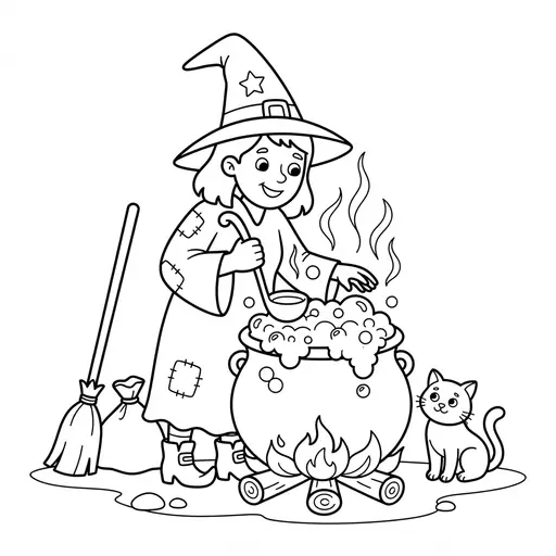 Witch Coloring Page — Stirring Magic Cauldron