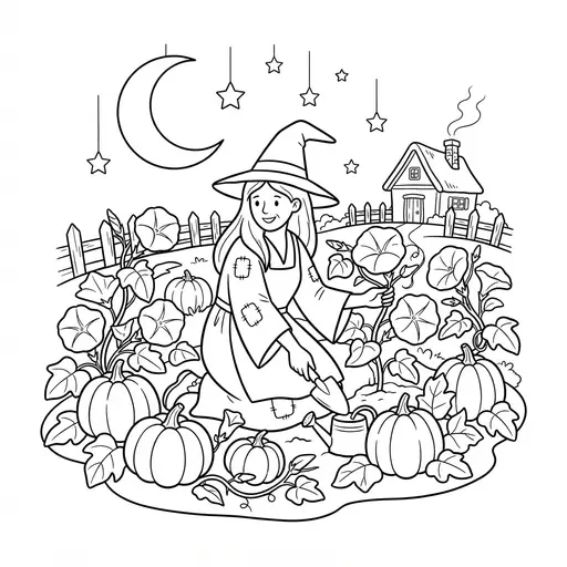 Witch Coloring Page for Adults — Tending Her Pumpkin Garden