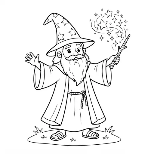 Wizard Coloring Page — Casting a Spell