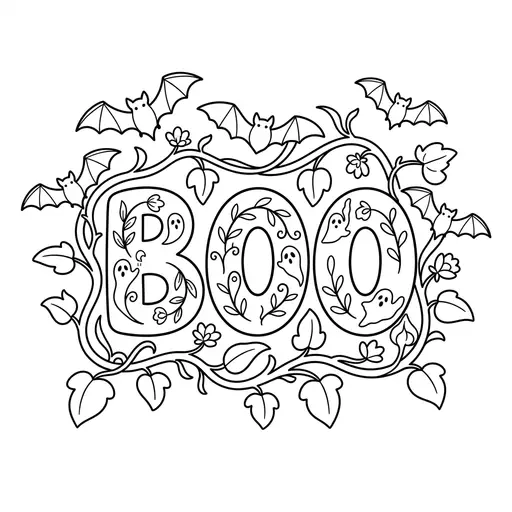 Boo Coloring Page for Adults — Decorative Letters With Bats