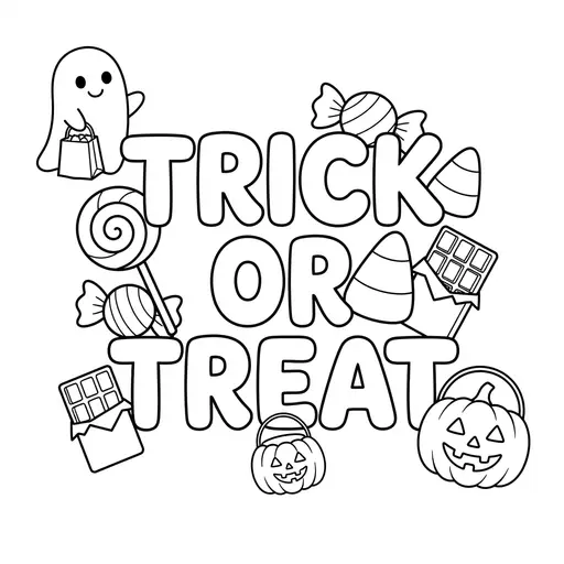 Trick Or Treat Coloring Page — Bubble Letters With Candy