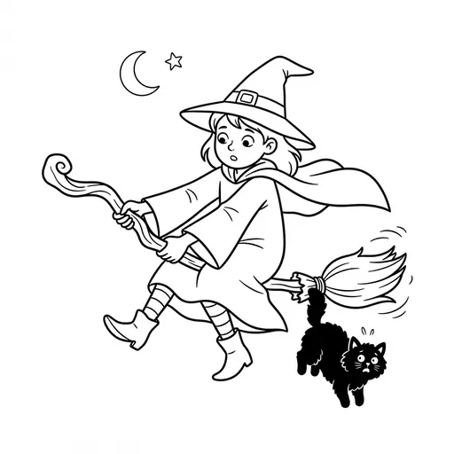 Witch Coloring Page — Flying on a Wobbly Broom