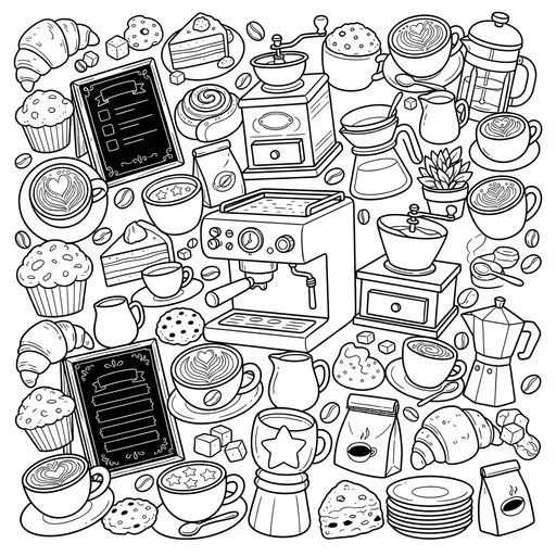 Kawaii Food Coloring Page for Adults — Doodle Collage With Cups and Pastries