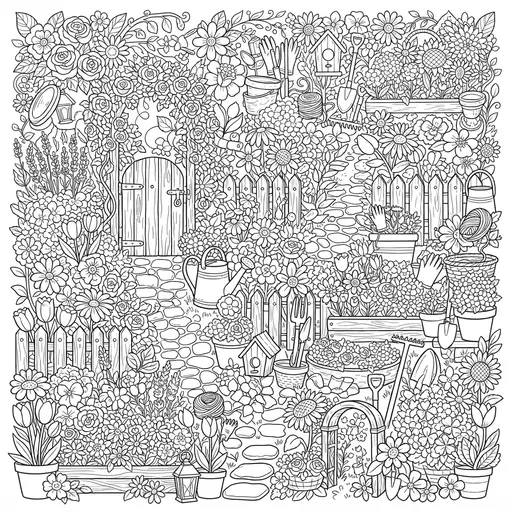 Kawaii Plants Coloring Page for Adults — Detailed Collage with Tools and Gate