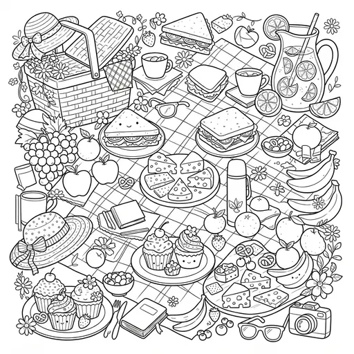 Kawaii Food Coloring Page for Adults — Kawaii collage with Food and Drinks