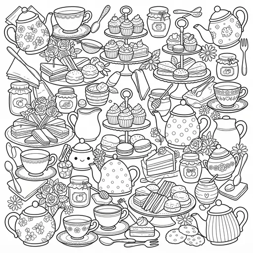 Kawaii Food Coloring Page for Adults — Afternoon Treats and Teapots Collage