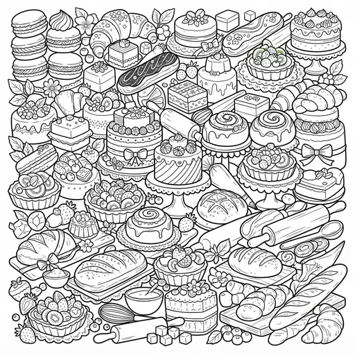 Kawaii Food Coloring Page for Adults — Doodle Collage of Sweet Treats