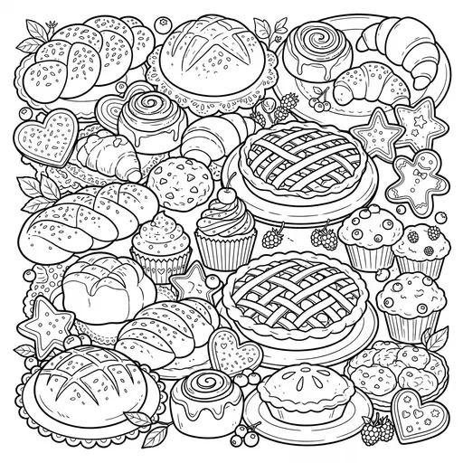 Kawaii Food Coloring Page — Collage of Sweet Treats and Breads