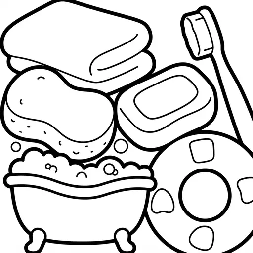 Easy Cute Kawaii Coloring Page — Bath Time Items And Bubbles