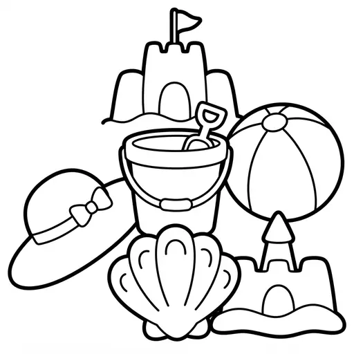 Easy Cute Kawaii Coloring Page — Beach Toys and Sun Hat