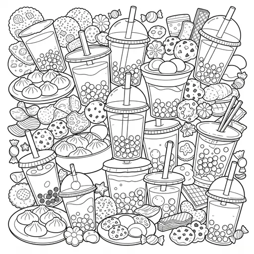 Kawaii Food Coloring Page for Adults — Bubble Tea and Snacks Collage