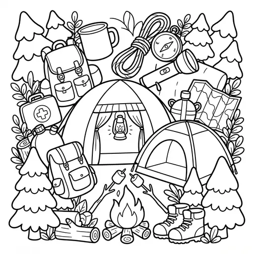 Cute Kawaii Coloring Page — Doodle Collage With Tents And Gear