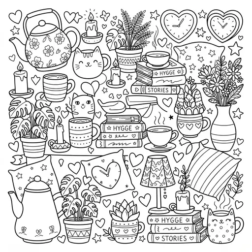 Kawaii Plants Coloring Page for Adults — Doodle Collage of Cozy Home Objects