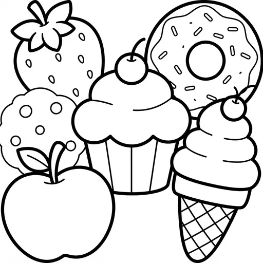 Easy Kawaii Food Coloring Page — Cute Sweets And Fruit Collage