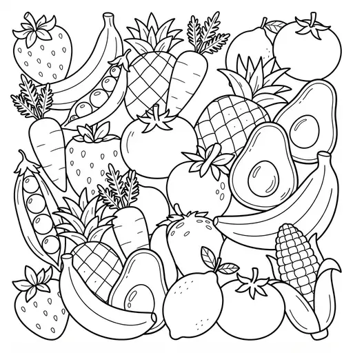 Kawaii Food Coloring Page — Kawaii Collage of Healthy Food