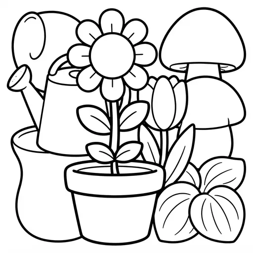 Easy Kawaii Plants Coloring Page — Cute Flowers And Mushrooms