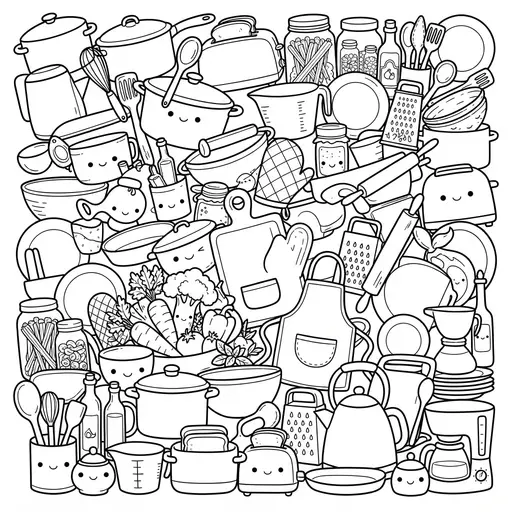 Kawaii Food Coloring Page for Adults — Kawaii Collage of Cooking Utensils and Food