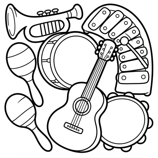 Easy Cute Kawaii Coloring Page — Collage of Various Instruments