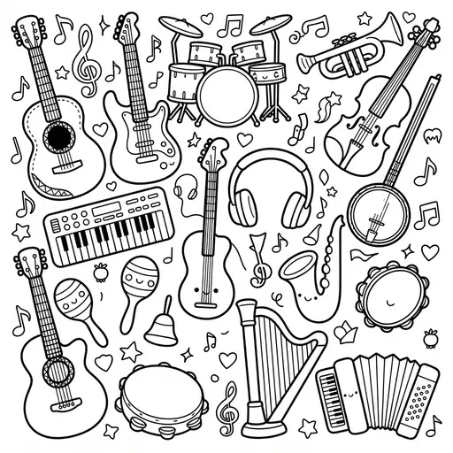 Cute Kawaii Coloring Page — Doodle Collage with Notes