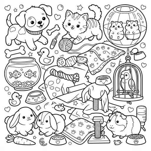 Kawaii Animal Coloring Page — Cute Collage of Animals and Toys