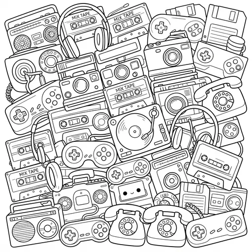 Cute Kawaii Coloring Page for Adults — Collage of Vintage Gadgets