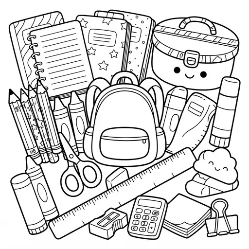 Kawaii School Supplies Coloring Page — Kawaii Collage of Learning Tools