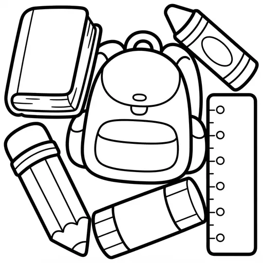 Easy Kawaii School Supplies Coloring Page — Backpack Book Pencil And Ruler